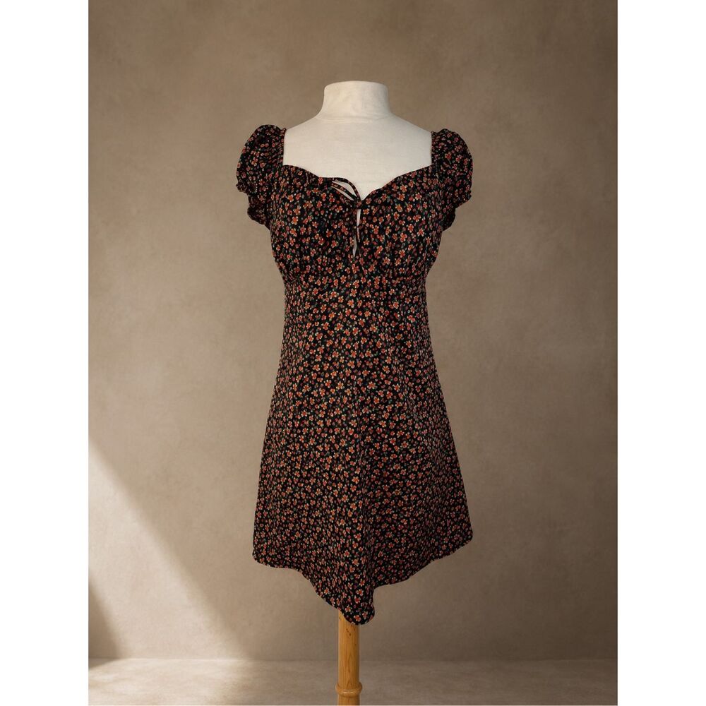 Bershka Black and Red Floral Mini Dress Sz L